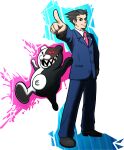  1boy ace_attorney black_footwear black_hair blue_background blue_pants blue_suit business_suit coach_(siivagunner) danganronpa_(series) evil_smile formal grey_eyes highres monokuma navel necktie pants phoenix_wright pink_background pink_necktie pointing sharp_teeth siivagunner smile stuffed_animal stuffed_toy suit teddy_bear teeth 