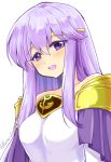  1girl bare_shoulders blush book cape circlet colored_eyelashes detached_sleeves dress eyebrows_visible_through_hair fire_emblem fire_emblem:_genealogy_of_the_holy_war hair_between_eyes highres julia_(fire_emblem) long_hair looking_at_viewer open_mouth purple_hair smile solo twitter_username upper_body violet_eyes white_dress yukia_(firstaid0) 