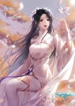  1girl absurdres bird black_hair china_dress chinese_clothes clouds dress feathers hair_ornament highres long_hair lu_xueqi_(zhu_xian) lu_xueqi_tongren_ye sky sword thigh-highs weapon weibo_id white_dress zhu_xian 