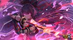 1girl armor bangs benghuai_xueyuan bow closed_mouth flaming_sword flaming_weapon glowing glowing_eyes hair_bow highres holding holding_sword holding_weapon honkai_(series) honkai_impact_3rd japanese_armor katana long_hair looking_at_viewer official_art ponytail purple_hair raiden_mei solo sword violet_eyes weapon 