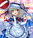  1girl :d apron bangs blonde_hair blue_dress blush bow bowtie cowboy_shot dress elbow_gloves eyebrows_visible_through_hair frilled_apron frilled_bow frilled_dress frilled_gloves frills gloves hair_between_eyes hat hat_bow hat_ribbon holding kana_anaberal looking_at_viewer marker_(medium) medium_hair open_mouth petals puffy_short_sleeves puffy_sleeves red_bow red_ribbon ribbon road_sign rui_(sugar3) sample_watermark short_sleeves sign skirt_hold smile solo sparkle standing stop_sign touhou touhou_(pc-98) traditional_media white_apron white_gloves white_headwear yellow_eyes 