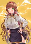  1girl bangs black_skirt blunt_bangs blush brown_hair green_eyes hairband hands_on_hips helena_(kancolle) kantai_collection long_hair long_sleeves looking_at_viewer mayura2002 parted_lips red_hairband simple_background skirt solo star_(symbol) thigh-highs thigh_strap two-tone_background very_long_hair 