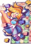  1girl absurdres arle_nadja armor armored_dress arms_up bangs blue_skirt brown_hair cape closed_eyes detached_sleeves dress eyebrows_visible_through_hair full_body half_updo highres jumping macaheroes open_mouth outstretched_hand ponytail puyo_(puyopuyo) puyopuyo short_hair skirt smile solo twitter_username 