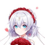  1girl bangs bare_shoulders blue_eyes bouquet closed_mouth dress flower hair_flower hair_ornament holding holding_bouquet honkai_(series) honkai_impact_3rd looking_at_viewer nizi_w red_flower red_rose rose simple_background sleeveless sleeveless_dress smile solo theresa_apocalypse theresa_apocalypse_(luna_kindred) wedding_dress white_background white_dress white_hair 