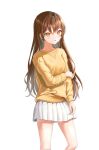  1girl absurdres brown_hair highres long_hair long_sleeves original pian717 simple_background skirt solo standing sweater thighs white_background white_skirt yellow_eyes yellow_sweater 