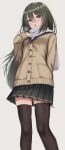  1girl absurdres black_legwear blush buttons cardigan eyebrows_visible_through_hair feet_out_of_frame green_hair hair_between_eyes highres long_hair looking_at_viewer open_mouth original pleated_skirt red_eyes scarf school_uniform simple_background skirt sleeves_past_wrists solo thigh-highs white_scarf yakob_labo 