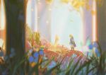  1boy alzi_xiaomi blonde_hair bug butterfly day fairy flower forest grass highres link looking_away medium_hair nature scenery signature sky solo standing sunlight the_legend_of_zelda the_legend_of_zelda:_breath_of_the_wild tied_hair tree 