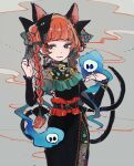  1girl :3 adapted_costume animal_ears bangs bell black_dress black_nails blunt_bangs braid cat_ears cat_tail closed_mouth cowboy_shot dress earrings extra_ears eyebrows_visible_through_hair flaming_skull floral_print grey_background hand_up hitodama jewelry jingle_bell kaenbyou_rin looking_to_the_side mozukuzu_(manukedori) multiple_tails nail_polish nekomata red_eyes simple_background solo tail touhou twin_braids twintails two_tails 