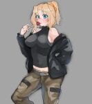  1girl :p absurdres antyobi0720 belt black_jacket black_shirt blonde_hair blue_eyes brown_pants candy casual eyebrows_visible_through_hair food girls_und_panzer grey_background grey_belt hair_intakes hair_ornament hair_scrunchie hair_up halterneck highres holding holding_candy holding_food holding_lollipop jacket kay_(girls_und_panzer) licking lollipop long_sleeves looking_at_viewer medium_hair midriff navel off_shoulder open_clothes open_jacket orange_scrunchie pants ponytail scrunchie shirt simple_background solo standing tongue tongue_out 