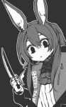  1girl amiya_(arknights) animal_ears arknights bangs commentary_request empty_eyes greyscale hair_between_eyes haku_(grimjin) highres holding holding_knife holding_weapon jacket knife long_hair looking_at_viewer monochrome open_clothes open_jacket parted_lips partial_commentary rabbit_ears shirt solo upper_body weapon 