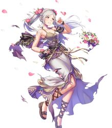  1girl bangs breasts brown_eyes dress fire_emblem fire_emblem_awakening fire_emblem_heroes flower full_body hair_flower hair_ornament highres long_dress long_hair medium_breasts non-web_source official_art robin_(fire_emblem) robin_(fire_emblem)_(female) tied_hair transparent_background white_hair 