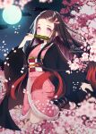  1girl amick_(americanomix) bit_gag black_hair black_legwear blurry blurry_foreground cherry_blossoms full_moon gag hair_ribbon haori highres japanese_clothes kamado_nezuko kimetsu_no_yaiba kimono kneeling long_hair long_sleeves moon multicolored_hair nail pink_eyes pink_kimono pink_ribbon redhead ribbon shiny shiny_hair signature solo tabi thigh-highs twitter_username two-tone_hair very_long_hair watermark 