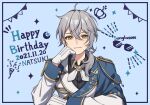  1boy blue_background crown f_chiyomaru gloves grey_hair happy_birthday head_rest indie_virtual_youtuber looking_at_viewer low_ponytail natsuki_hyperion pale_skin solo sunglasses virtual_youtuber yellow_eyes 