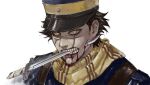  1boy bayonet black_hair blood blood_on_face blue_headwear blue_jacket golden_kamuy guro hat jacket looking_at_viewer male_focus military_hat mrs.yega_(nai0026er) open_mouth portrait scar scar_on_face scarf short_hair simple_background solo stab sugimoto_saichi teeth white_background yellow_eyes yellow_scarf 