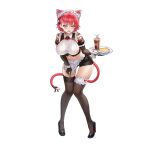  1girl alternate_costume animal_ears bangs black_gloves black_legwear blush breasts cat_ears cat_tail cleavage_cutout clothing_cutout drink elbow_gloves enmaided fangs food fork full_body garter_straps gloves hair_between_eyes high_heels highres janghwa_(last_origin) large_breasts last_origin looking_at_viewer maid maid_headdress mole mole_under_eye navel necktie official_art open_mouth pie redhead short_hair short_shorts shorts solo tachi-e tail tattoo thigh-highs transparent_background tray violet_eyes 