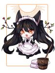  1girl :3 :d ahri_(league_of_legends) alternate_costume animal_ears apron black_hair branch bucket chibi dress eyebrows_visible_through_hair facial_mark fang fox_ears fox_girl frilled_apron frilled_dress frills hair_between_eyes hair_ornament highres korean_commentary league_of_legends lifted_by_self long_sleeves maid maid_apron maid_headdress nhom_(woogi) open_mouth simple_background smile solo sun twintails whisker_markings white_apron white_background wooden_bucket yellow_eyes 