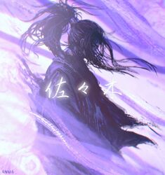  1boy anniechromes aura cowboy_shot high_ponytail highres long_hair male_focus purple_theme sasaki_kojirou_(vagabond) solo standing vagabond white_background 