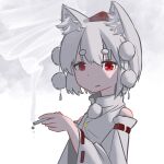  animal_ears buttons cigarette collared_shirt detached_sleeves elfred eyebrows_visible_through_hair fang hat highres inubashiri_momiji looking_at_viewer open_mouth pom_pom_(clothes) red_eyes shirt simple_background smoking tassel tokin_hat touhou white_background white_hair white_shirt wolf_ears 