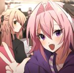  1boy 1girl astolfo_(fate) blonde_hair blush bow braid fang fate/apocrypha fate/grand_order fate_(series) hair_bow koyashaka long_hair looking_at_viewer original otoko_no_ko pale_skin pink_hair smile v violet_eyes yellow_eyes 