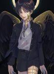  1boy absurdres belt brown_hair child commentary_request demon_boy demon_horns demon_wings eyebrows_visible_through_hair gakuran hair_between_eyes highres horns long_sleeves looking_at_viewer male_focus ngron027 original scar scar_on_face school_uniform short_shorts shorts wings 