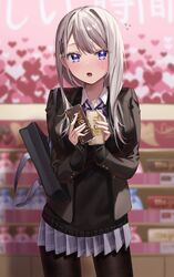  1girl :o asymmetrical_hair bag bangs black_legwear black_sweater blazer blue_eyes blurry blurry_background blush bow bowtie breasts candy chigusa_minori chocolate chocolate_bar collared_shirt commentary_request cowboy_shot food hair_ornament hairclip heart highres holding holding_chocolate holding_food jacket large_breasts light_brown_hair long_hair looking_at_viewer meiji_milk_chocolate miniskirt open_mouth original pantyhose plaid plaid_skirt pleated_skirt saotome_shino_(chigusa_minori) school_bag school_uniform shirt skirt sleeves_past_wrists solo striped striped_bow sweater swept_bangs tsurime uniform valentine violet_eyes white_chocolate wing_collar 