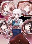  1girl 4boys apron bangs black_eyes black_hair blue_apron brown_hair chocolate closed_mouth cowboy_shot cup eyebrows_visible_through_hair food hair_between_eyes hair_over_one_eye highres holding holding_cup holding_food holding_plate kuga_yuuma long_sleeves looking_at_viewer mouth_hold multiple_boys neck_ribbon ni_tsu_kuruma open_mouth plate red_eyes ribbon shiki_sayoko shirt short_hair smile standing sweatdrop tomoe_kotarou upper_body urushima_wataru utagawa_ryou_(world_trigger) violet_eyes white_hair white_shirt world_trigger 