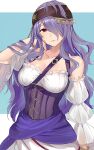  1girl alternate_costume bare_shoulders breasts buckle camilla_(fire_emblem) collarbone corset detached_sleeves fire_emblem fire_emblem_fates fire_emblem_heroes frills hair_over_one_eye hand_in_hair haru_(nakajou-28) headband highres jewelry long_hair looking_at_viewer medium_breasts official_alternate_costume one_eye_covered pirate_costume purple_hair solo underbust upper_body very_long_hair violet_eyes wavy_hair white_sleeves 