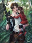  1boy 1girl absurdres backpack bag belt black_bag blood brown_belt brown_eyes brown_hair brown_pants character_request child collarbone concept_art copyright_request dress grey_pants gun gzi_(shiba-ko) highres holding holding_gun holding_person holding_weapon injury jungle long_sleeves looking_at_viewer nature outdoors pants pouch red_dress red_footwear shirt shirt_tucked_in short_hair submachine_gun twintails weapon white_shirt 