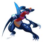  absurdres black_sclera claws colored_sclera commentary full_body garchomp highres legs_apart likey no_humans open_mouth pokemon pokemon_(creature) sharp_teeth signature simple_background solo spikes teeth white_background yellow_eyes 