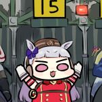 12_billion_yen_incident 1girl animal_ears armpits arms_up bangs bow bowtie brown_headwear gloves gold_ship_(umamusume) hair_bow horse_ears horse_girl jazz_jack long_hair looking_at_viewer lowres open_mouth purple_hair red_bow red_bowtie red_shirt shirt sleeveless sleeveless_shirt umamusume violet_eyes white_gloves 