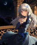  1girl balcony bangs black_dress blush breasts choker closed_mouth dress hair_ornament hand_in_hair jewelry long_hair looking_at_viewer medium_breasts mookyuu9 moon night night_sky original pink_eyes ribbon ring sky smile solo standing star_(sky) starry_sky upper_body white_hair 