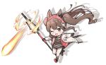  1girl angelina_(arknights) animal_ears arknights bangs black_gloves black_legwear blush brown_eyes brown_hair chibi coat fireball fox_ears fox_girl gloves hairband holding holding_staff infection_monitor_(arknights) kneehighs long_hair moboj13 one_eye_closed open_mouth red_hairband sidelocks simple_background solo staff twintails white_background white_coat 