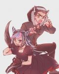  absurdres bangs black_dress black_gloves black_hair black_pants blue_hair blunt_bangs blush cat_tail claw_pose danganronpa:_trigger_happy_havoc danganronpa_(series) danganronpa_2:_goodbye_despair dress frilled_dress frills fur-trimmed_jacket fur_trim gloves grey_background hair_cones hands_up highres hood hood_up ishimaru_kiyotaka jacket long_hair midori_(310ri_21) mioda_ibuki mouth_piercing multicolored_hair pants pink_eyes pink_hair puffy_short_sleeves puffy_sleeves shiny shiny_hair short_sleeves simple_background smile tail white_hair wolf_tail 