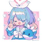  1girl ;d arona_(blue_archive) blue_archive blue_eyes blue_hair blue_shirt blush_stickers bow braid chibi cropped_torso hair_over_one_eye hair_ribbon hairband halo hands_up highres koru_koruno long_hair long_sleeves looking_at_viewer multicolored_hair one_eye_closed pink_hair puffy_long_sleeves puffy_sleeves ribbon sailor_collar shirt single_braid sleeves_past_wrists smile solo stuffed_whale twitter_username two-tone_hair upper_body white_bow white_hairband white_ribbon white_sailor_collar 