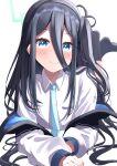  arisu_(blue_archive) blue_archive blue_eyes blurry blurry_background blush commentary_request dark_blue_hair guram hair_between_eyes halo headband highres jacket leg_up lying no_shoes on_stomach school_uniform simple_background smile white_background 