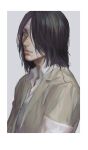  1boy bandages black_hair border brown_jacket closed_mouth collared_shirt eren_yeager facial_hair goatee green_eyes grey_background hair_over_one_eye highres jacket looking_at_viewer male_focus medium_hair mustache otakumi_(user_krmf7787) shingeki_no_kyojin shirt solo upper_body white_border white_shirt 