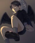  1boy absurdres bare_legs black_footwear brown_eyes brown_hair child commentary_request demon_wings from_below gakuran highres long_sleeves looking_at_viewer looking_down male_focus ngron027 original school_uniform short_shorts shorts socks wings 