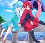  2girls bangs black_shirt blue_bow blue_hair blue_skirt blue_sky blue_vest blush bow bridge cloak closed_eyes clouds geta ginnkei hair_bow hand_on_another&#039;s_shoulder karakasa_obake leaning_on_person long_sleeves multiple_girls red_cloak red_eyes red_skirt redhead sekibanki shirt short_hair skirt sky tatara_kogasa tongue touhou tree umbrella vest water 