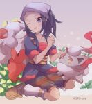  1girl 343rone akari_(pokemon) black_hair brown_footwear commentary_request eyelashes grey_eyes grey_headwear head_scarf highres hisuian_growlithe hisuian_zorua jacket long_hair loose_socks one_eye_closed open_mouth pokemon pokemon_(creature) pokemon_(game) pokemon_legends:_arceus sash shoes shorts sidelocks tongue twitter_username white_legwear 