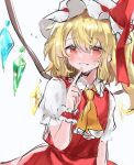  1girl ascot bangs blonde_hair blush crystal eyebrows_visible_through_hair finger_to_own_chin flandre_scarlet flying_sweatdrops full-face_blush grin hair_between_eyes hand_up hat itigotuki looking_at_viewer medium_hair mob_cap one_side_up puffy_short_sleeves puffy_sleeves red_eyes red_skirt red_vest short_sleeves simple_background sketch skirt smile solo touhou upper_body vest white_background white_headwear wing_collar wings wrist_cuffs yellow_ascot 