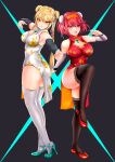 2girls absurdres alternate_hairstyle black_legwear blonde_hair braid breasts bun_cover china_dress chinese_clothes cosplay costume_switch detached_sleeves double_bun dress high_heels highres large_breasts multiple_girls mythra_(xenoblade) pyra_(xenoblade) red_eyes redhead short_shorts shorts thick_thighs thigh-highs thighs white_legwear xenoblade_chronicles_(series) xenoblade_chronicles_2 yellow_eyes 