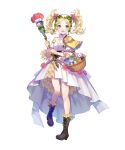  1girl bangs bare_shoulders blonde_hair blue_eyes boots cross-laced_footwear dress fire_emblem fire_emblem_awakening fire_emblem_heroes frilled_dress frills full_body highres holding knee_boots lace-up_boots layered_dress layered_skirt lissa_(fire_emblem) long_hair non-web_source official_art skirt solo staff tied_hair transparent_background twintails 