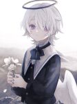  1boy androgynous angel angel_wings bouquet duplicate flower formal halo highres looking_at_viewer looking_to_the_side namiki_itsuki original pale_skin pixel-perfect_duplicate violet_eyes white_hair wings 