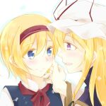  2girls alice_margatroid bangs blonde_hair blue_dress blue_eyes blush bow bowtie closed_mouth commentary_request dress eyebrows_visible_through_hair eyes_visible_through_hair faech grey_bow grey_dress hair_between_eyes hair_bow hairband hand_on_another&#039;s_face hand_up hat hat_bow long_hair long_sleeves looking_at_another mob_cap multiple_girls open_mouth purple_vest red_bow red_bowtie red_hairband shirt short_hair simple_background smile tabard teeth tongue touhou upper_body vest violet_eyes white_background white_headwear white_shirt wide_sleeves yakumo_yukari yuri 