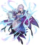  1girl alternate_costume bangs bare_shoulders breasts cape deirdre_(fire_emblem) detached_collar dress fire_emblem fire_emblem:_genealogy_of_the_holy_war fire_emblem_heroes full_body gradient gradient_clothes hair_ornament highres long_dress medium_breasts non-web_source official_art oukawa_yuu purple_dress purple_hair shiny shiny_hair transparent_background violet_eyes 