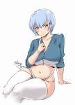  1girl ayanami_rei blue_hair breasts collarbone cropped_jacket curvy hair_between_eyes highres large_breasts leaning_to_the_side looking_away looking_to_the_side midriff navel neon_genesis_evangelion panties partially_unzipped plump red_eyes relaxjon short_hair sideways_glance signature simple_background sitting skindentation thigh-highs underwear white_background white_legwear white_panties 