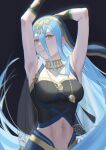  1girl alternate_costume armpits arms_up azura_(fire_emblem) blue_hair breasts dress e5nf8v elbow_gloves fire_emblem fire_emblem_fates fire_emblem_heroes gloves hair_between_eyes hairband highres jewelry long_hair looking_at_viewer midriff navel official_alternate_costume solo teeth very_long_hair yellow_eyes 