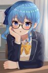  1girl absurdres bangs black_jacket blue_eyes blue_hair blue_ribbon blush bow bowtie collared_shirt commentary_request eyebrows_visible_through_hair glasses hair_ribbon highres hisui_(user_zvkr2432) hololive hoshimachi_suisei indoors jacket long_sleeves looking_at_viewer open_clothes open_jacket parted_lips revision ribbon school_uniform shirt side_ponytail solo star_(symbol) star_in_eye symbol_in_eye virtual_youtuber white_shirt yellow_bow yellow_bowtie 
