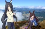  2girls ahoge animal_ears bangs black_hair black_legwear blush bow bowtie brown_hair cat city closed_mouth clouds collared_shirt cup ear_piercing eyebrows_visible_through_hair forest green_eyes hair_over_one_eye highres holding holding_cup hood hooded_jacket horse_ears horse_girl horse_tail jacket knees_together_feet_apart legwear_under_shorts long_hair long_sleeves looking_at_viewer manhattan_cafe_(umamusume) moss mountain mountainous_horizon multiple_girls nature open_mouth pants photo_background piercing pink_bow pink_footwear pocket rice_shower_(umamusume) shirt shorts sitting sky smile standing tail umamusume very_long_hair violet_eyes winter_clothes wreath_(a1b2c3d45) 