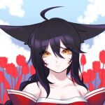  ahoge ahri_(league_of_legends) animal_ears bare_shoulders black_hair closed_mouth clouds collarbone commentary_request eyebrows_visible_through_hair eyelashes facial_mark flower fox_ears fox_girl frown hair_between_eyes highres league_of_legends long_hair looking_at_viewer nhom_(woogi) off_shoulder red_flower red_rose rose sky split_mouth upper_body whisker_markings yellow_eyes 